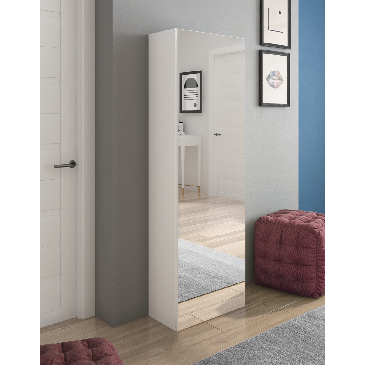 Armoire/étagère à chaussures colonne en mélèze blanc avec porte miroir 50.5 x 28 x H. 160 cm