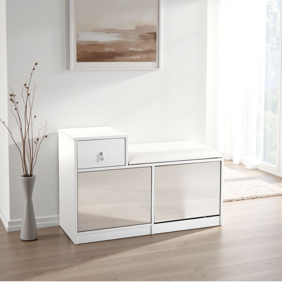 Pratiko - un meuble à chaussures/banc en MDF laqué blanc mat avec 2 portes miroir et 1 tiroir. 90 x 34 x H. 85 cm