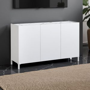 Buffet 3 portes Eddy Milano laqué blanc brillant avec finition marbre Calacatta mat. 130 x 40 x H. 84 cm