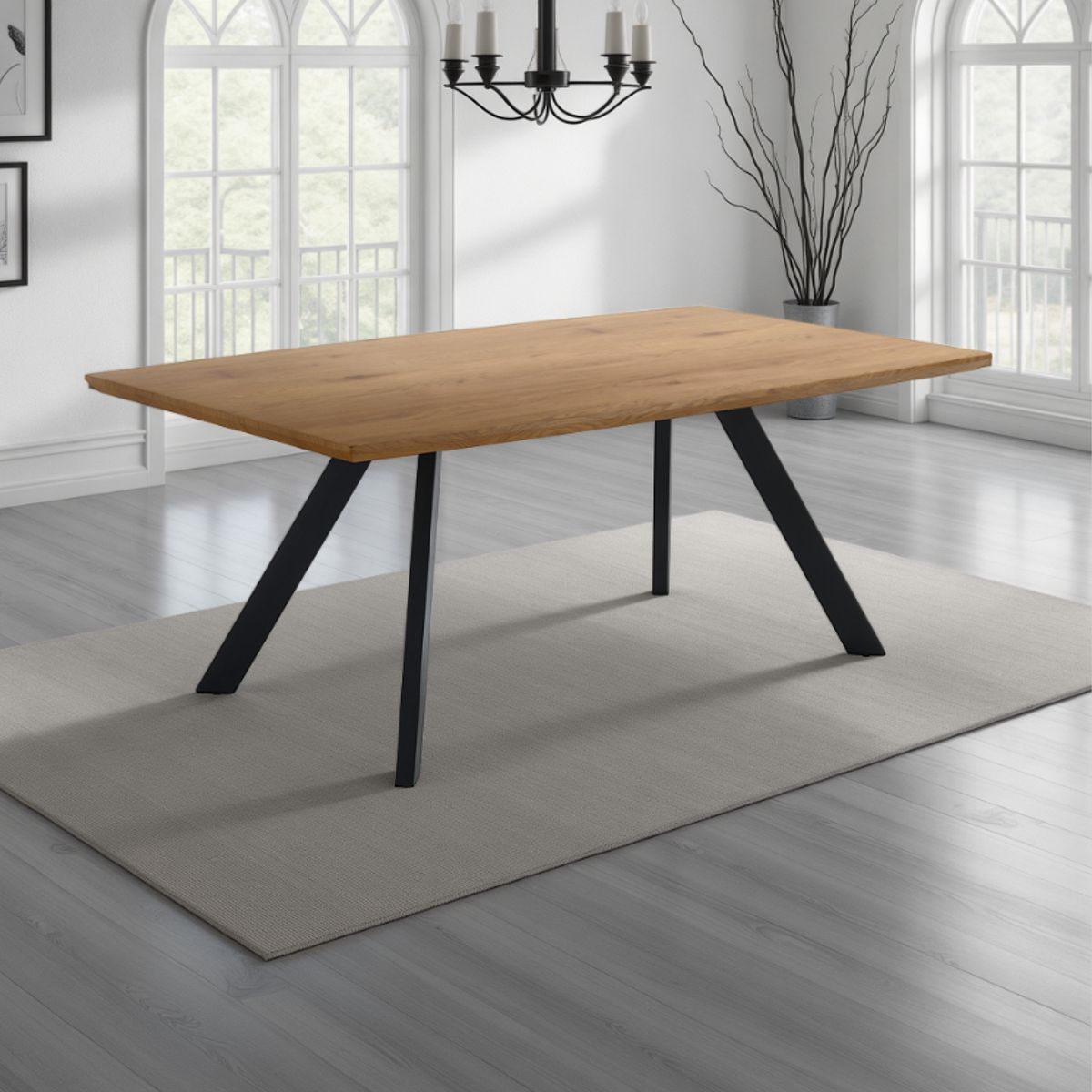Table fixe Pejo en bois finition chêne et pieds en acier noir mat. 160 x 90 cm