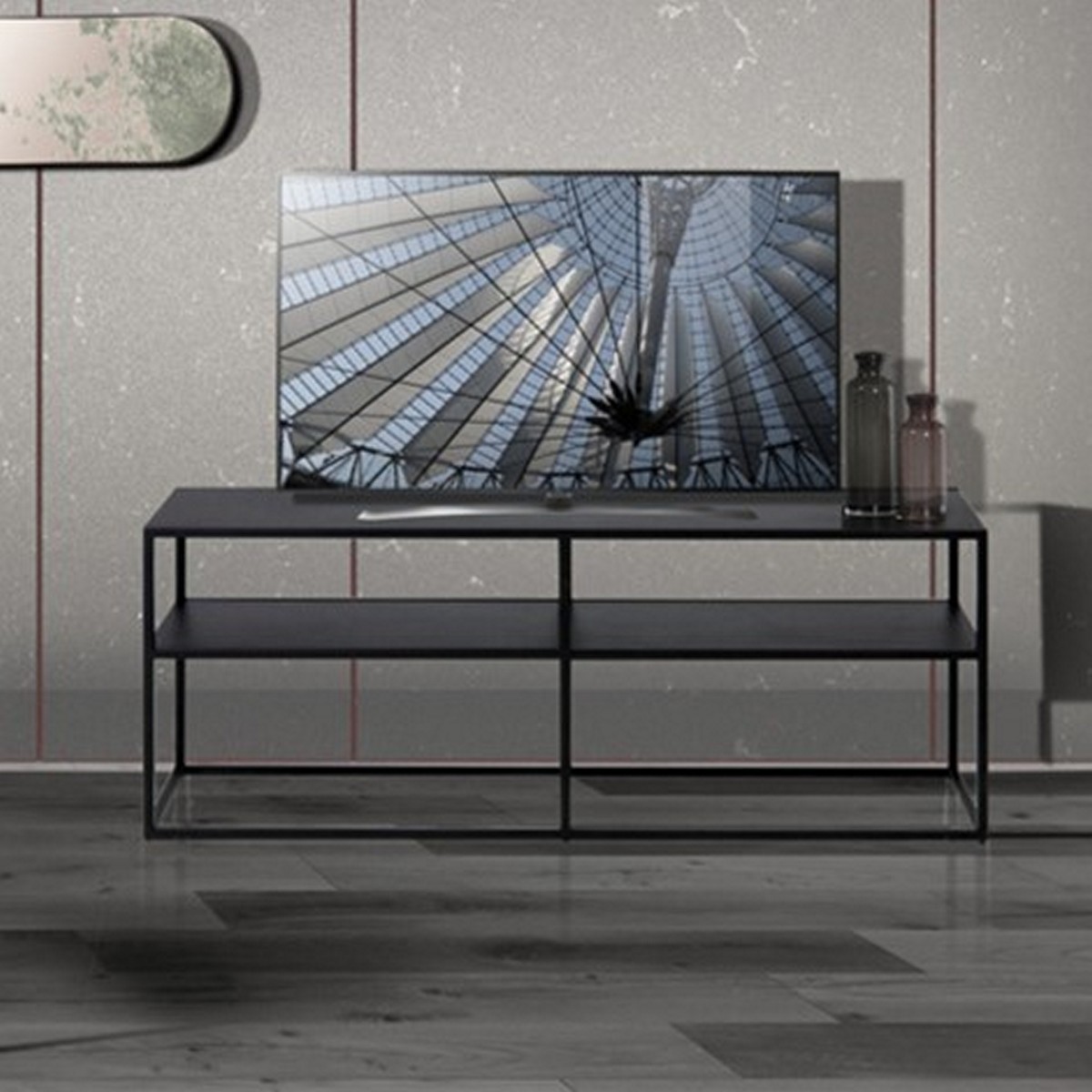 Meuble TV fin en acier peint anthracite mat 120 x 30 x H. 46.5 cm