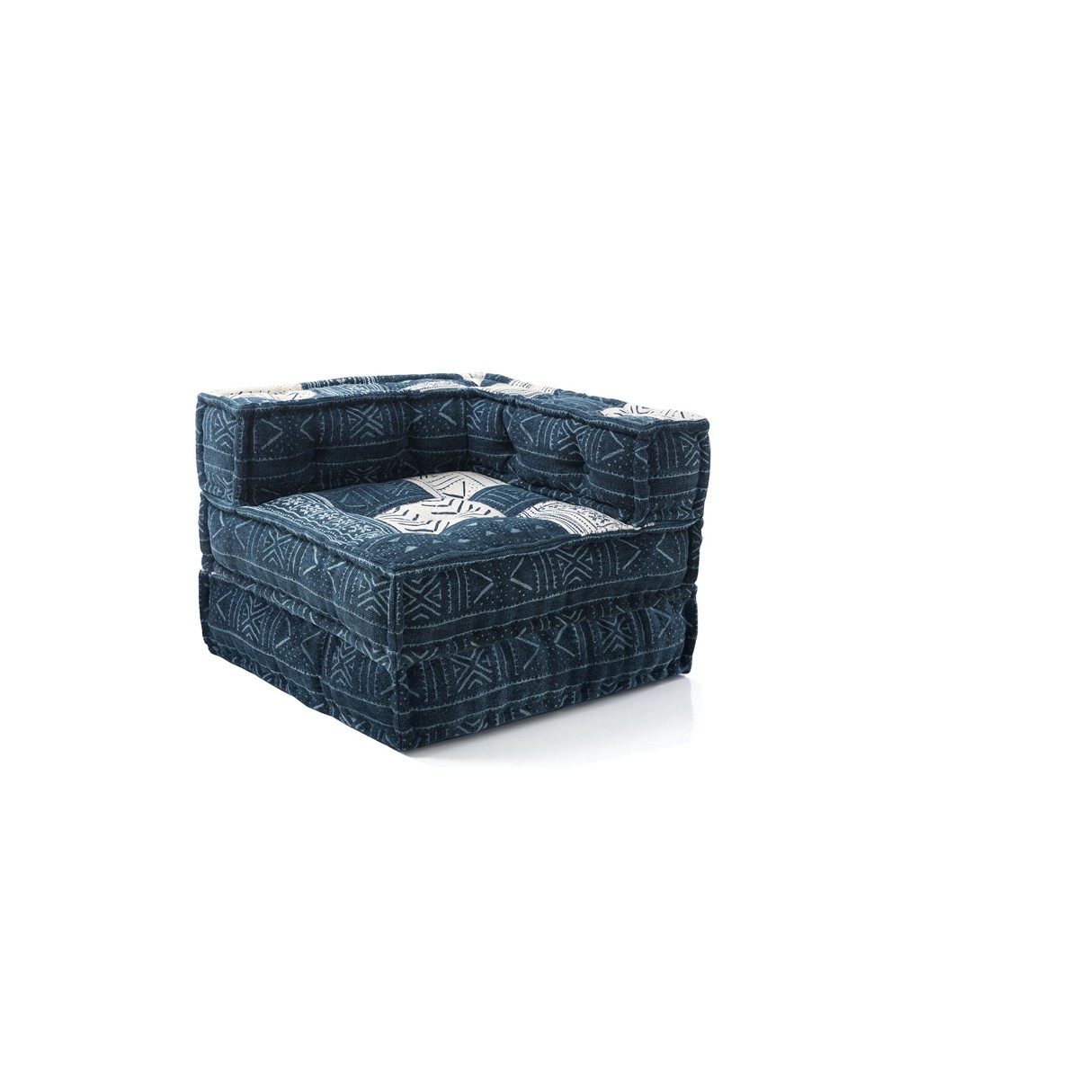Fauteuil haut/chaise longue Yara. composition 33. revêtement patchwork bleu 100 % coton. 80 x 80 x H. 60 cm