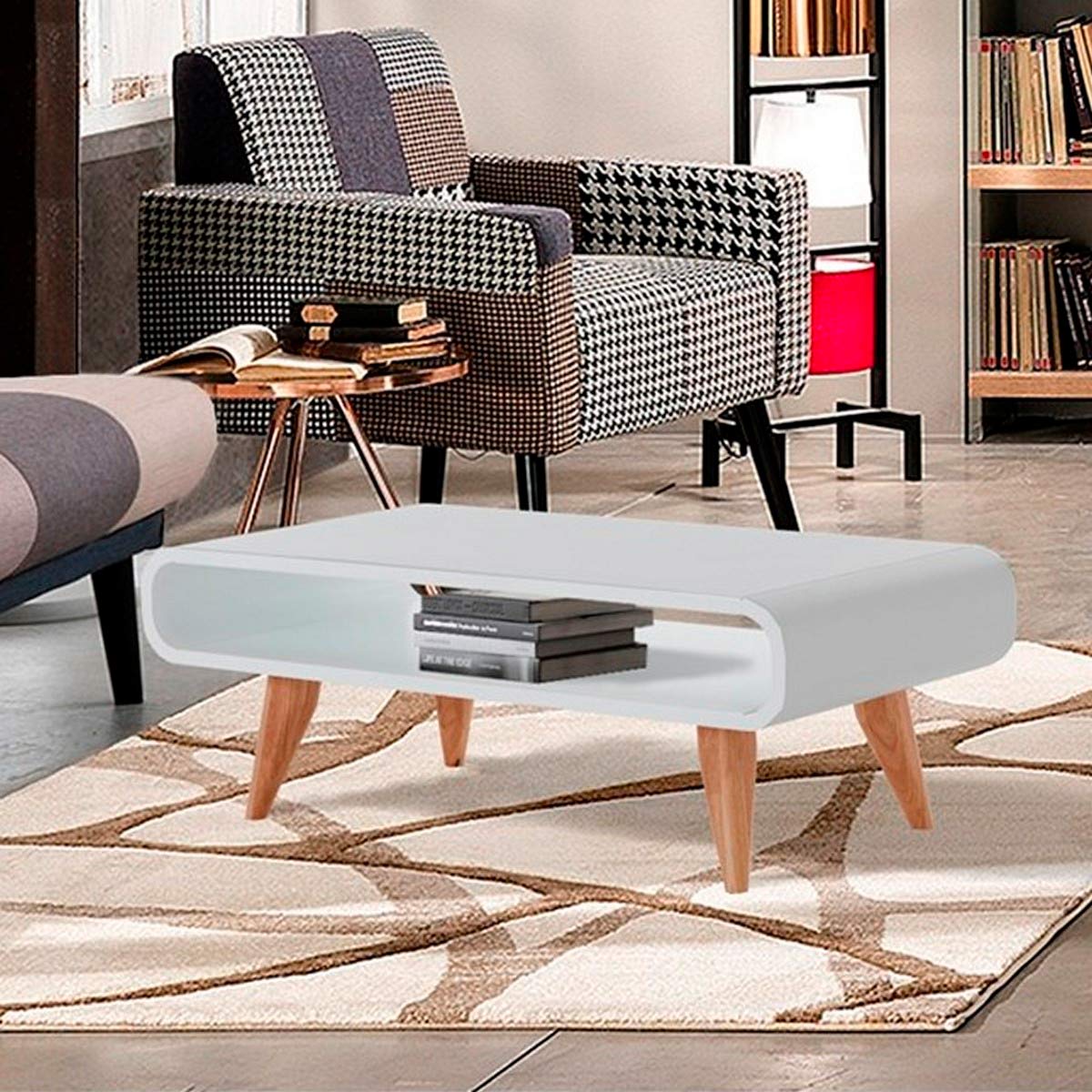 Table basse Harley en bois massif. finition chêne. plateau laqué blanc semi-brillant. 50 x 100 x 36 cm