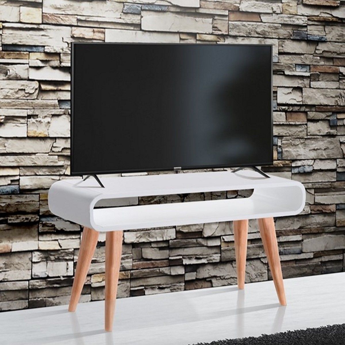Meuble TV Harley avec base en bois massif. finition chêne et laque blanche semi-brillante. 110 x 35 x H. 58.5 cm