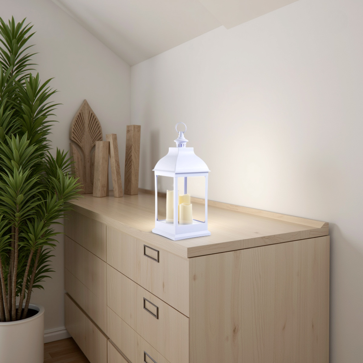 Lanterne 54. lampe décorative LED en plastique blanc. 23.5 x 23.5 cm. hauteur 54 cm