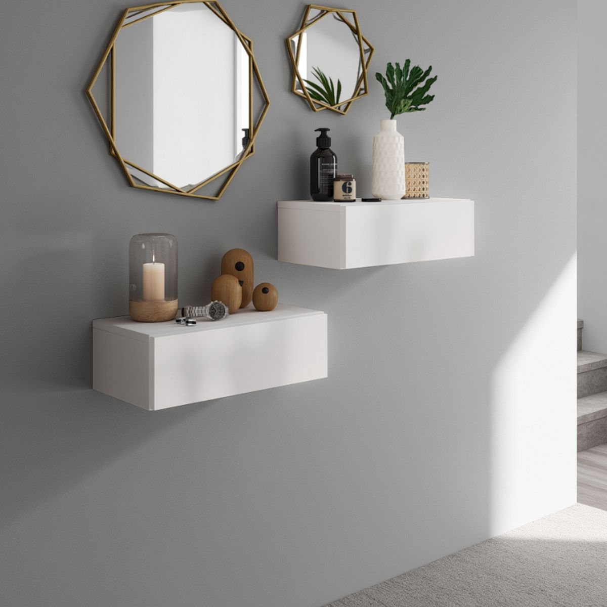 Table de chevet Mak / tiroir suspendu. finition blanc mat. 45 x 26 x H. 15 cm