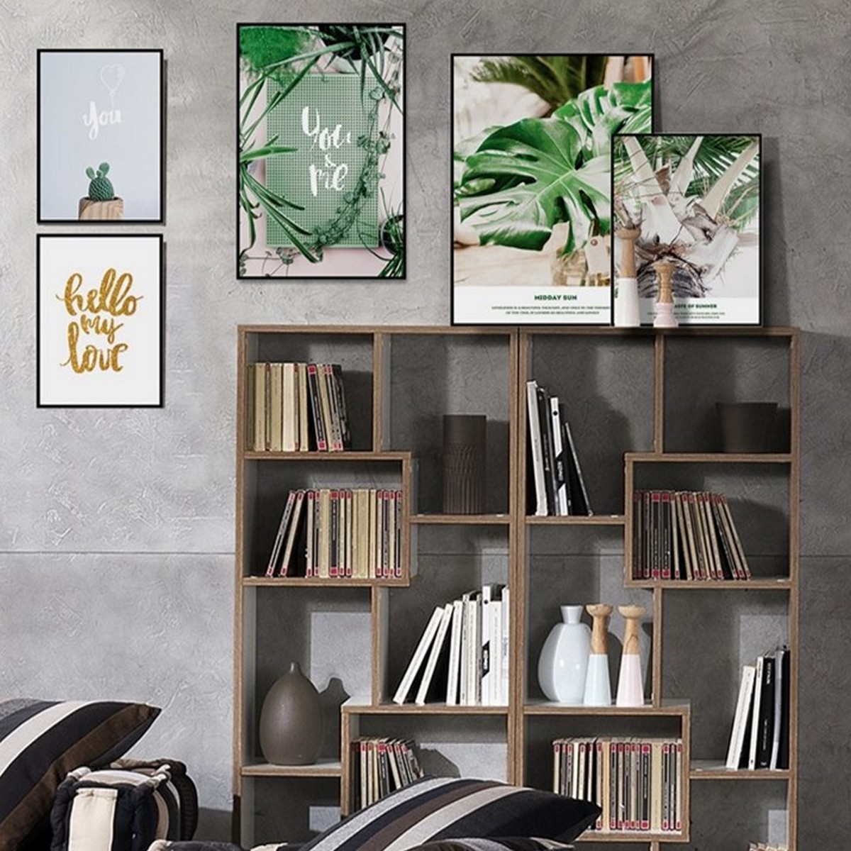 Jardin - une composition de tableaux avec des cadres en MDF noir et des impressions sur toile de différentes tailles jusqu'à H.70 L.50
