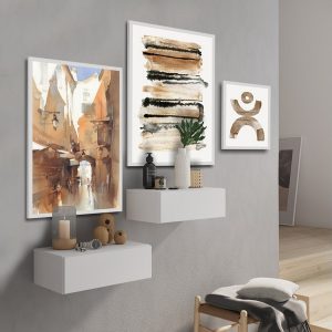 Composition à l'aquarelle de 3 tableaux. imprimée sur carton rigide. 2 tableaux de 63 cm de hauteur. 44 cm de largeur et 3 cm de profondeur - 1 tableau de 36 cm de hauteur. 28 cm de largeur et 3 cm de profondeur.