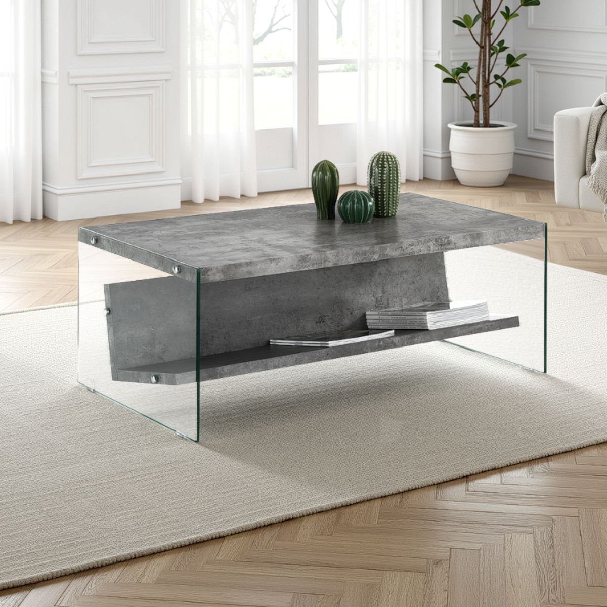 Table basse/porte-revues Nancy en ciment. plateau en verre transparent et MDF. finition ciment. H. 425 cm. L. 110 cm. P. 60 cm
