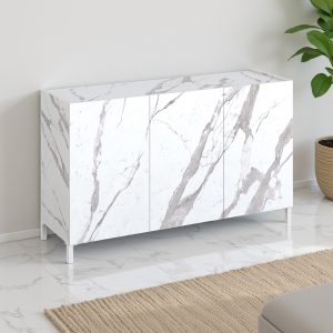 Buffet Eddy à 3 portes en marbre blanc mat Calacatta. 130 x 40 x 84 cm