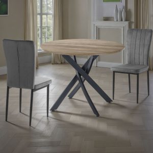 Table ronde en bois MDF finition chêne et pieds en acier noir mat. diamètre 100 cm