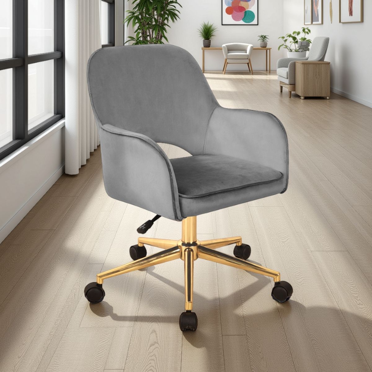 Chaise de bureau Victoria Cor réglable et pivotante. rembourrée en microfibre effet velours gris. avec roulettes. 57 x 58 cm. hauteur 80/88 cm
