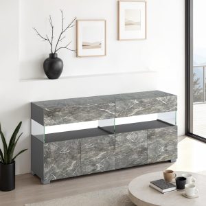 Buffet en marbre Float. 4 portes et 2 tiroirs. finition marbre gris anthracite mat et verre. 172 x 40 x H. 81 cm