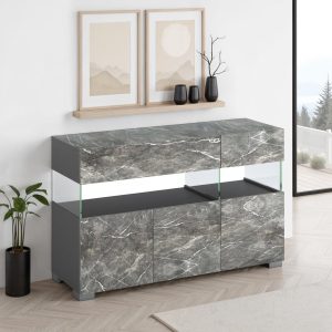 Buffet en marbre Float. finition marbre gris anthracite mat et verre. 3 portes et 2 tiroirs. 129 x 40 x H. 81 cm