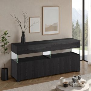 Buffet Float en bois noir avec 4 portes et 2 tiroirs. finition chêne noir et verre. 172 x 40 x H. 81 cm