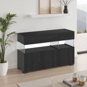 Buffet Float en bois noir avec 3 portes et 2 tiroirs. finition chêne noir et verre. 129 x 40 x H. 81 cm