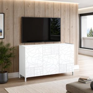 Buffet Eddy à motif graphique. 3 portes sérigraphiées. laqué blanc brillant. 130 x 40 x H. 84 cm