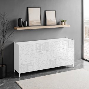 Buffet Eddy Graphic. grand modèle laqué blanc brillant avec portes sérigraphiées. dimensions : H.84 x L.174 x P.40 cm. fabriqué en Italie