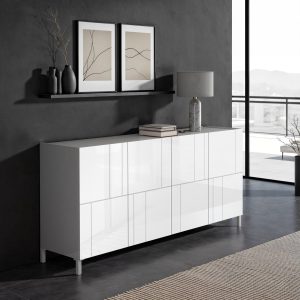 Buffet Eddy grand format. motif aléatoire. 4 portes sérigraphiées. laqué blanc brillant. 174 x 40 x 84 cm