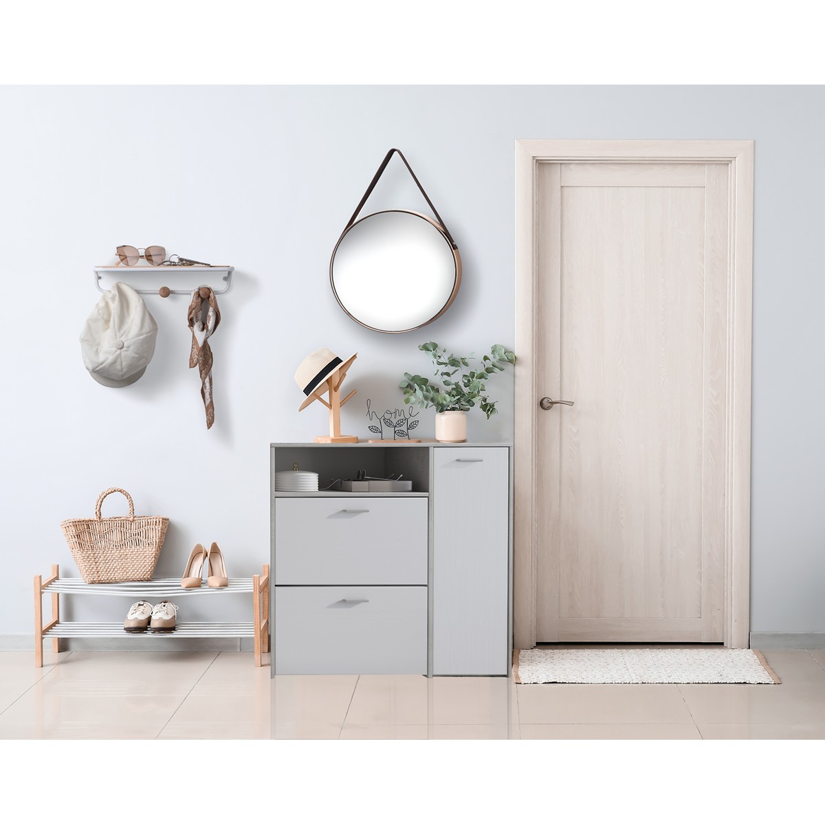 Étagère murale/porte-manteau Genna en acier blanc mat avec étagère en bois massif finition chêne. L. 36 x P. 10 x H. 8 cm