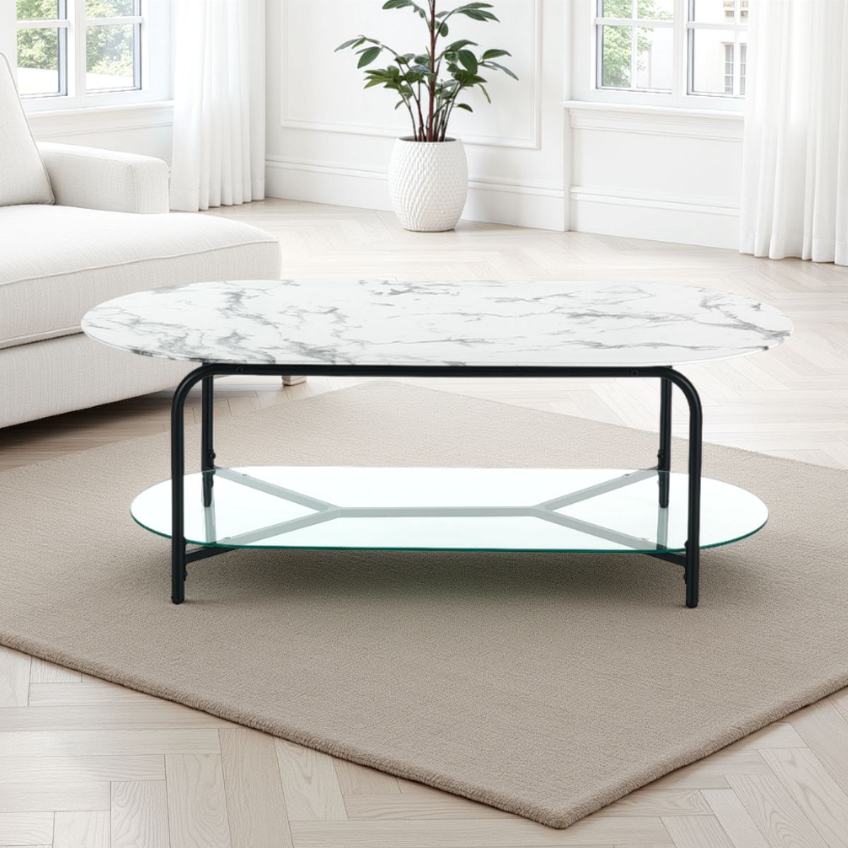Table basse Brill. plateau en verre effet marbre blanc. structure en acier noir mat. 120 x 60 cm. H. 42 x L. 120 x P. 60 cm
