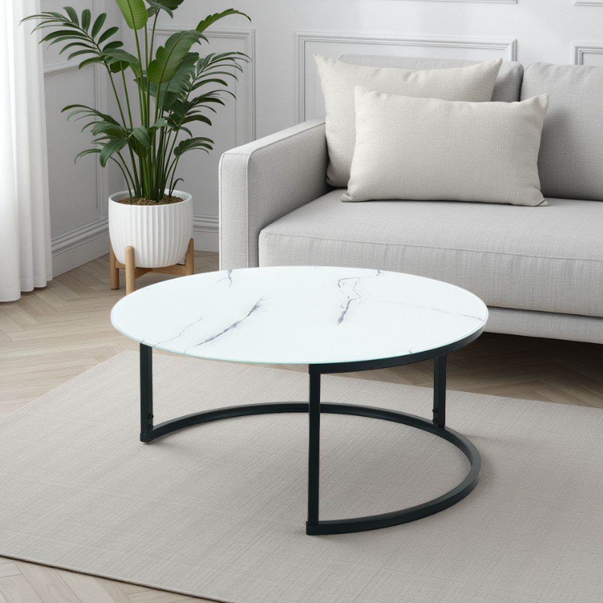 Grande table basse Gabriel Evo avec plateau en verre effet marbre blanc. H. 35 x 80 cm