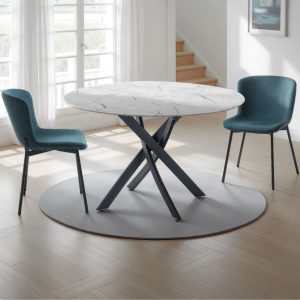 Table Bill en verre effet marbre blanc et pieds en acier noir mat, H. 78 x P. 110 cm