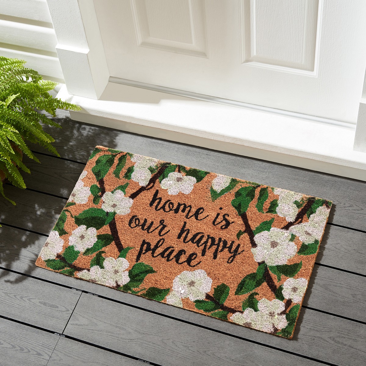 Tapis de jardin en fibres de coco et PVC antidérapant. motif jardin. 45 x 75 x 2 cm