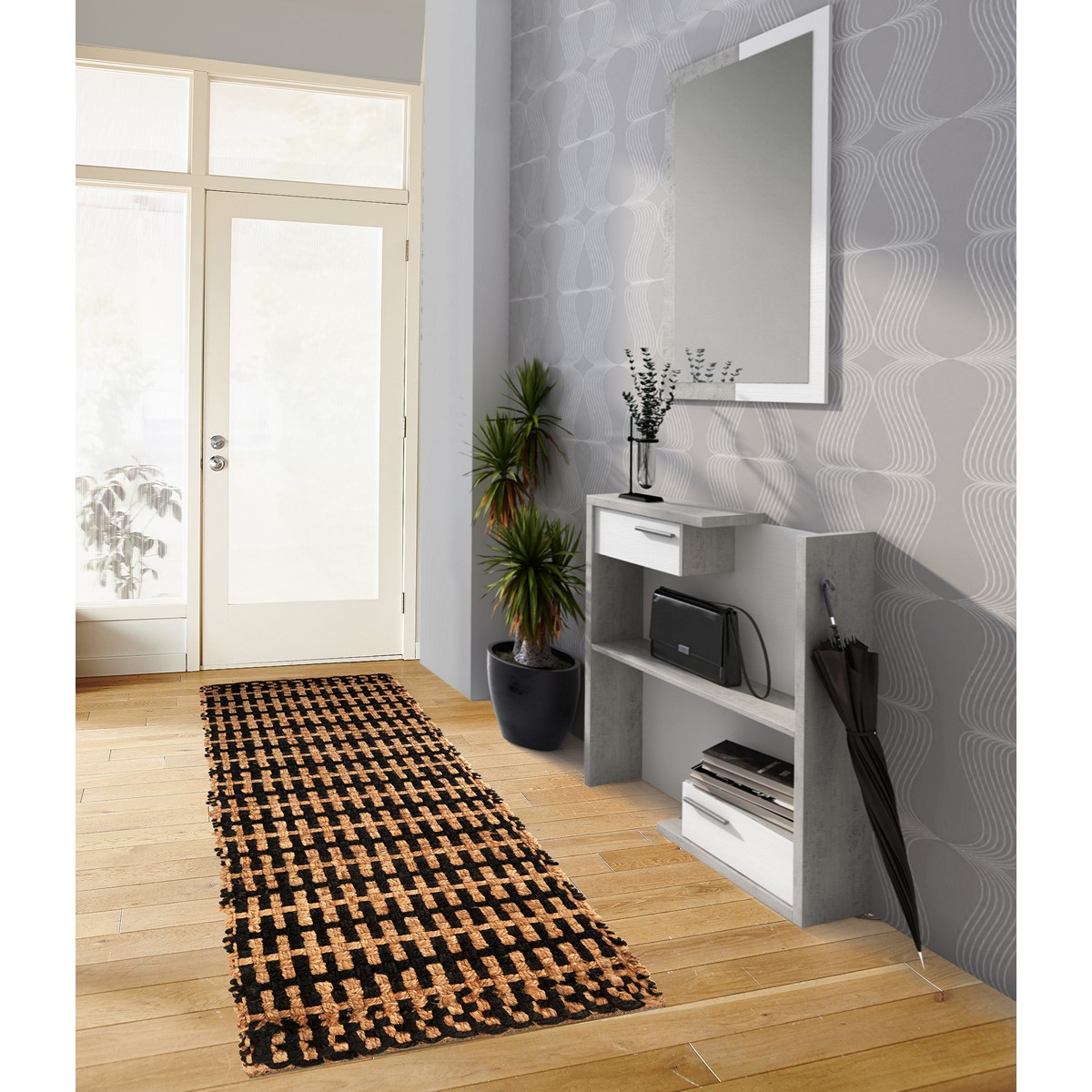 Tapis de couloir Doria en jute naturel et noir. fait main. 60 x 180 cm