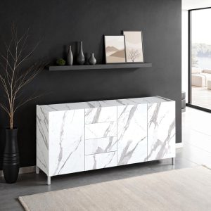 Grand buffet Eddy en marbre blanc. finition marbre Calacatta blanc mat. H. 84 cm. L. 174 cm. P. 40 cm. fabriqué en Italie