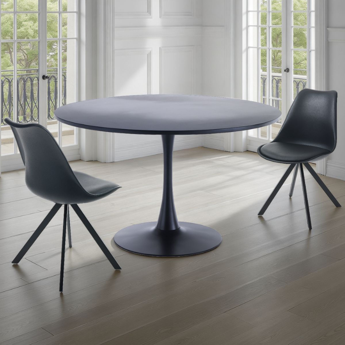 Table ronde Kyoto 120 noire. acier peint en noir mat. plateau en MDF peint en noir mat. H. 74 x P. 120