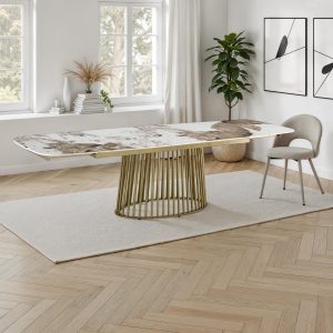 Table extensible Cage 1 avec piètement champagne or mat. plateau en céramique. finition marbre onyx brillant. H. 755 P. 89 L. 180/220/260