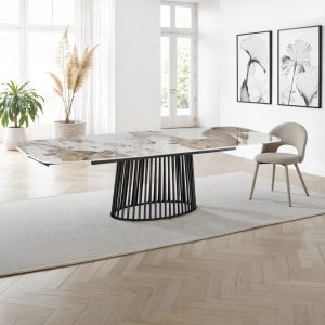 Table extensible Cage 2 avec piètement gris mat. plateau en céramique et finition marbre onyx brillant. H. 755 P. 89 L. 180/220/260