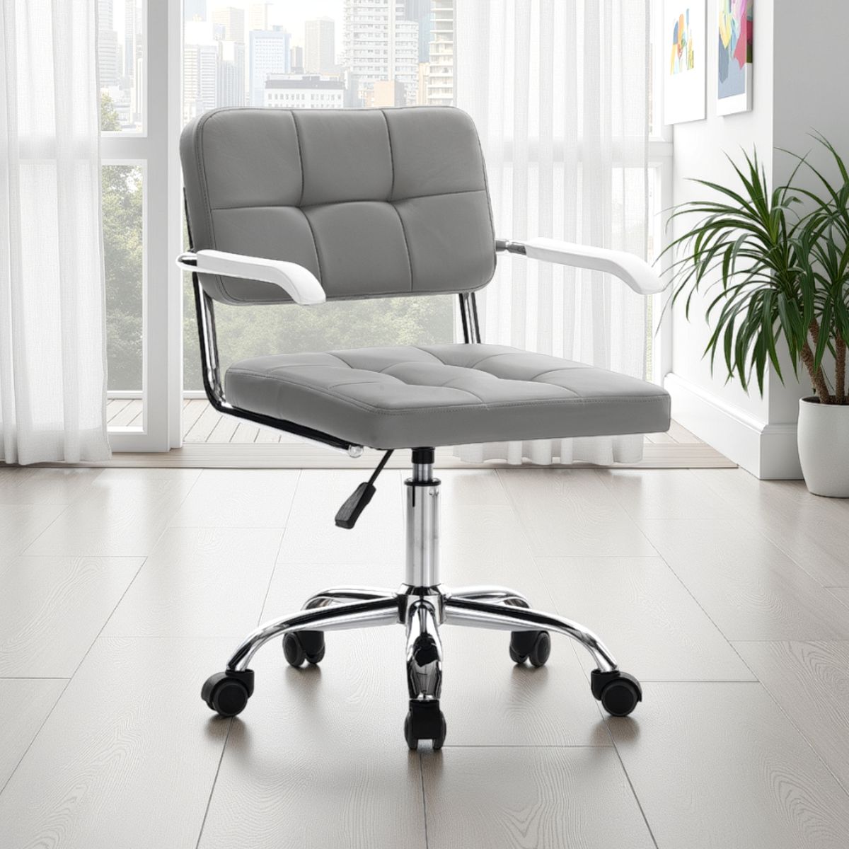 Chaise de bureau Felipe. cuir synthétique gris acier chromé. hauteur 79/89 cm. largeur 585 cm. profondeur 54 cm