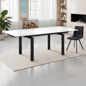 Table extensible DEVIN WHITE MARBLE. piètement en acier noir mat. plateau en céramique marbrée blanche brillante. H.76 P.90 L.140/170/200