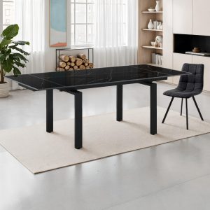 Table extensible DEVIN BLACK MARBLE avec piètement en acier noir mat et plateau en céramique marbrée noire brillante H.76 P.90 L.140-200