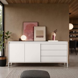 Buffet Gharbo beige mat. 2 portes. 3 tiroirs. à lattes. H. 814 cm. L. 1871 cm. P. 395 cm