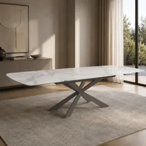 Table ovale extensible GEMY 160 MARBRE BLANC - PLATINE finition marbre blanc brillant