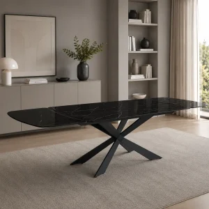 Table ovale extensible Gemy, céramique, marbre noir brillant, piètement en acier noir