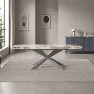 Table Ovale Oxtensible GEMY 120 céramique, marbre onyx poli, piètement en acier platine