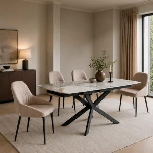 Table ovale extensible Gemy Spin 120. céramique effet marbre. onyx brillant. piètement en acier noir. H. 74.5 P. 80 L. 120/179 cm. 6 à 8 couverts. mécanisme pivotant