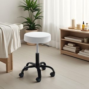 Tabouret TIZIO WHITE EVO. pivotant. réglable. assise rembourrée. similicuir blanc. piètement en métal noir. H.46/60 ø50