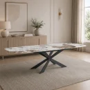 Table ovale extensible GEMY 160 ONICE MARBLE – Noir brillant, finition marbre onyx