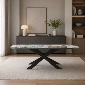 Table ovale extensible Gemy, céramique, marbre onyx poli, piètement en acier noir mat