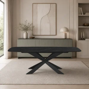 Table ovale extensible Gemy, céramique, marbre noir brillant, piètement en acier noir mat