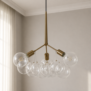 Lustre brunch en laiton peint avec sphères en verre. diamètre 60 cm. hauteur 60 cm