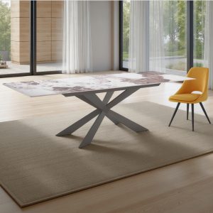 Table extensible Melvin Evo 160 Onice Marble. base en marbre onyx poli céramique. acier Platinum mat. hauteur 75 cm. profondeur 90 cm. longueur 160/200/240 cm