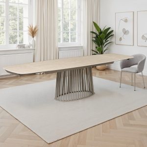 Cage 200 Travertino Marble Platinum. table extensible en céramique effet marbre travertin mat. avec piètement en métal Platine mat. H.75.5 P.100 L.200/250/300