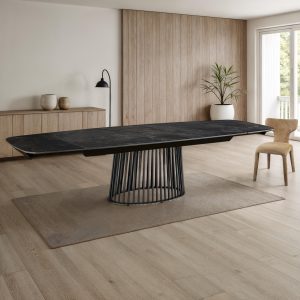 Cage 200 Black Marble Grey. table extensible en céramique effet marbre noir mat. avec piètement en métal gris mat. H.75.5 P.100 L.200/250/300