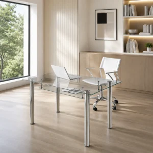 Bureau Tense en verre transparent et métal chromé 120 x 70 x H. 75 cm